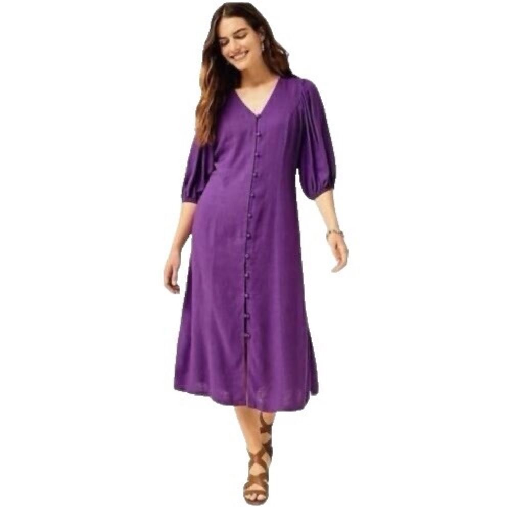 J.Jill Purple Button Front Linen Blend Midi Dress Puff Sleeve Size Large